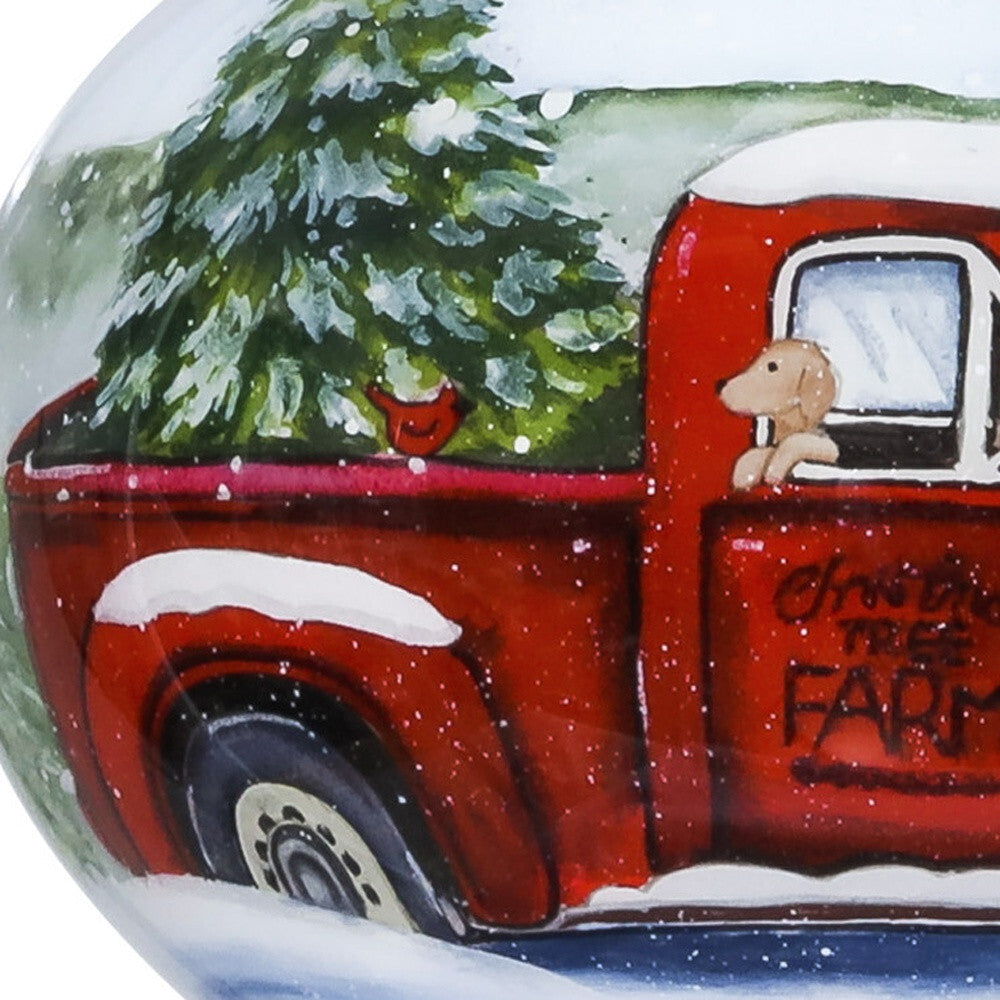 Red Farm Truck with Tree Hand Painted Mouth Blown Glass Ornament W2B