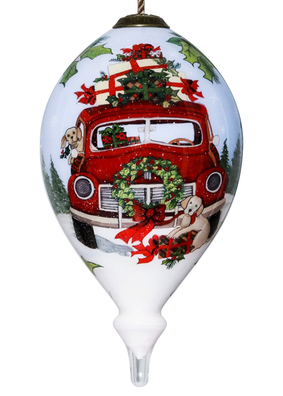 Puppy and Red Truck Christmas Wreath Hand Painted Mouth Blown Glass Ornament W2B