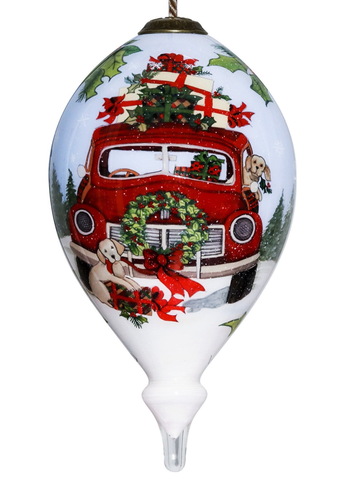 Puppy and Red Truck Christmas Wreath Hand Painted Mouth Blown Glass Ornament W2B