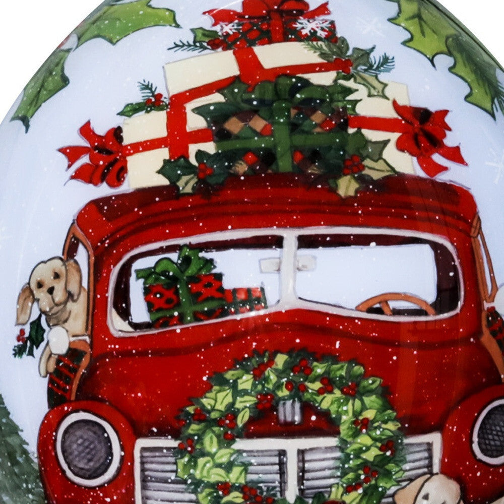 Puppy and Red Truck Christmas Wreath Hand Painted Mouth Blown Glass Ornament W2B