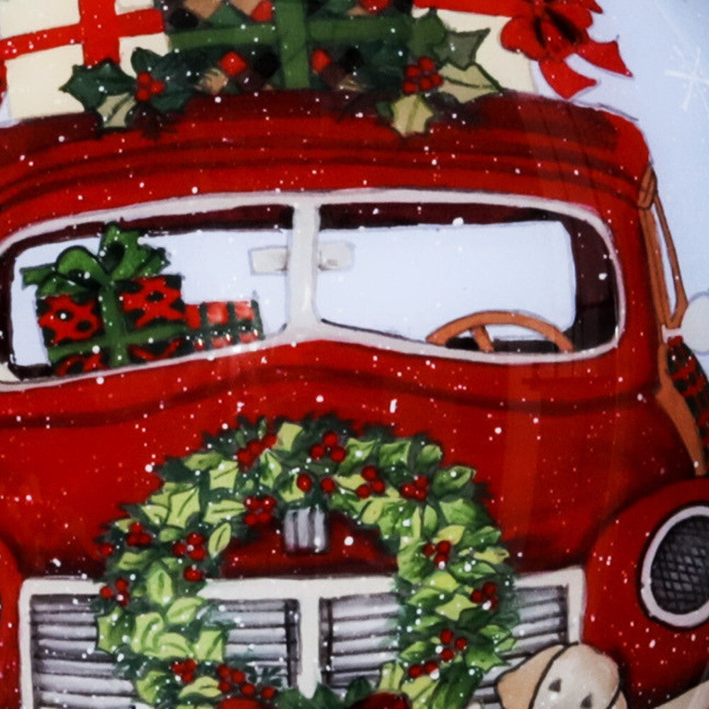 Puppy and Red Truck Christmas Wreath Hand Painted Mouth Blown Glass Ornament W2B