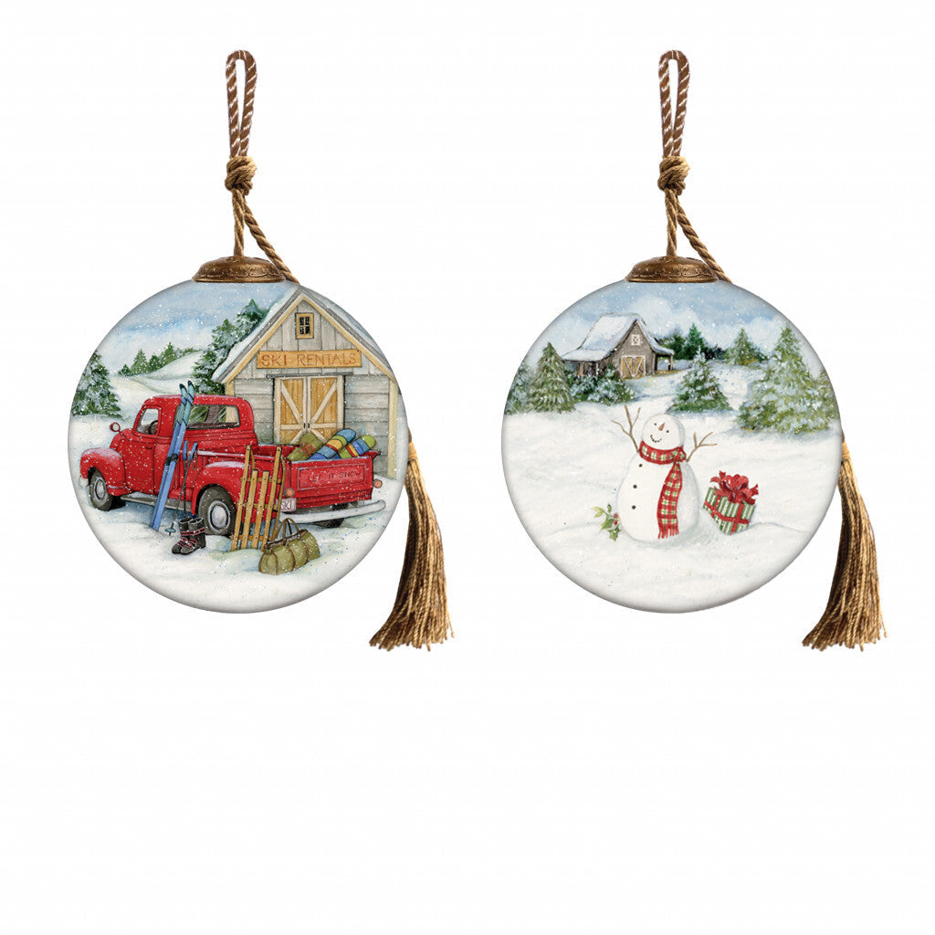 Snowy Mountains Ski Rental Hand Painted Mouth Blown Glass Ornament W2B