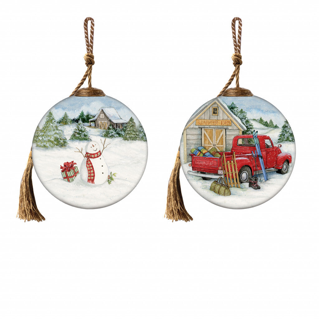 Snowy Mountains Ski Rental Hand Painted Mouth Blown Glass Ornament W2B