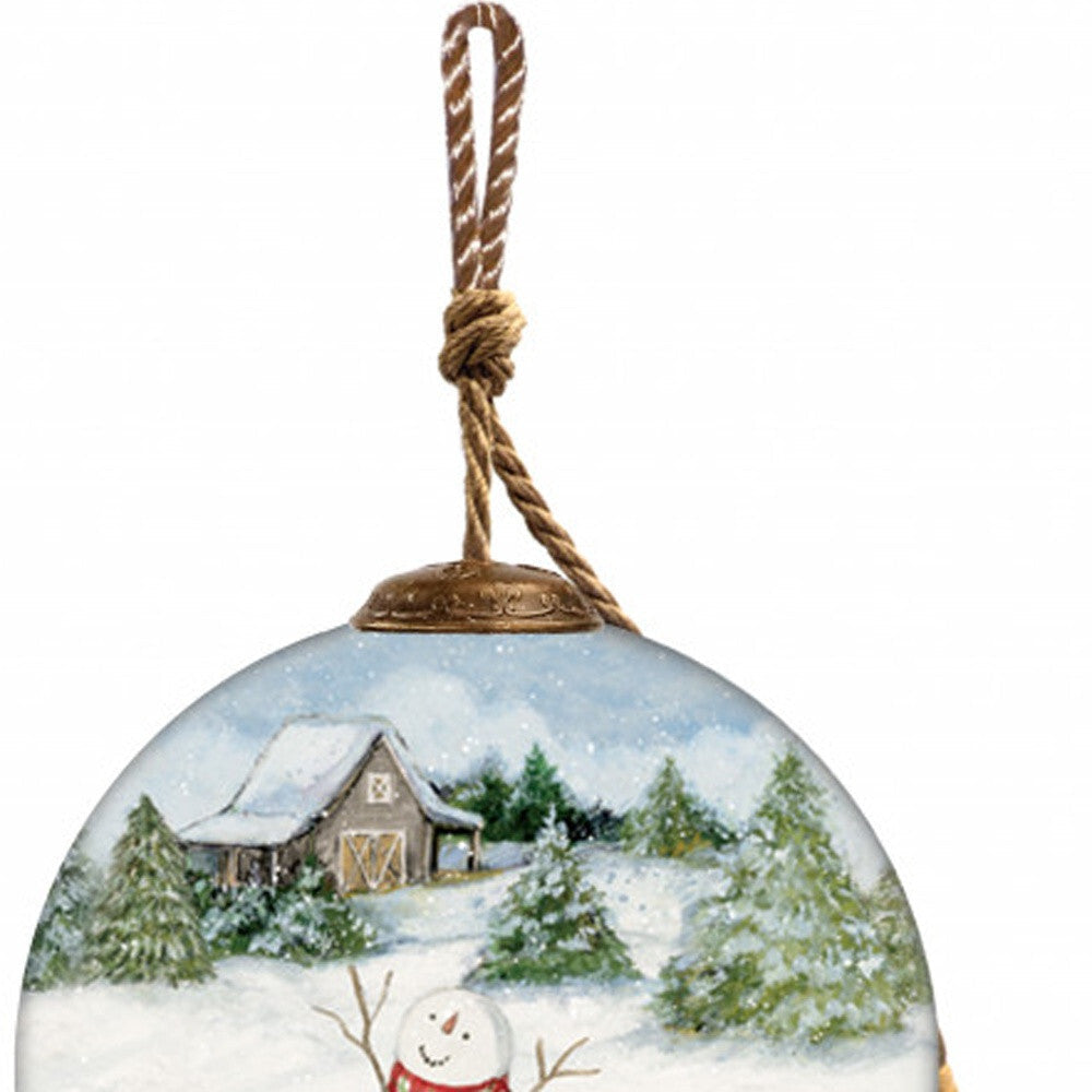 Snowy Mountains Ski Rental Hand Painted Mouth Blown Glass Ornament W2B