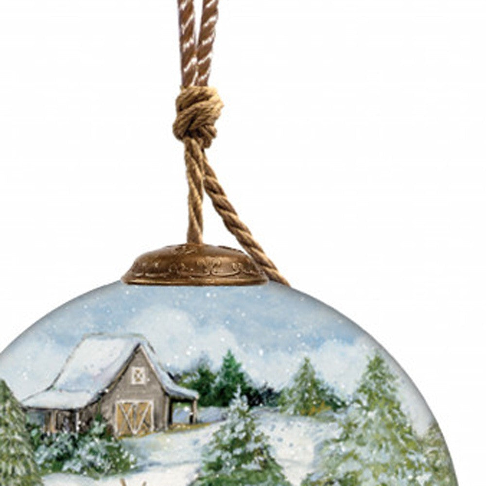 Snowy Mountains Ski Rental Hand Painted Mouth Blown Glass Ornament W2B