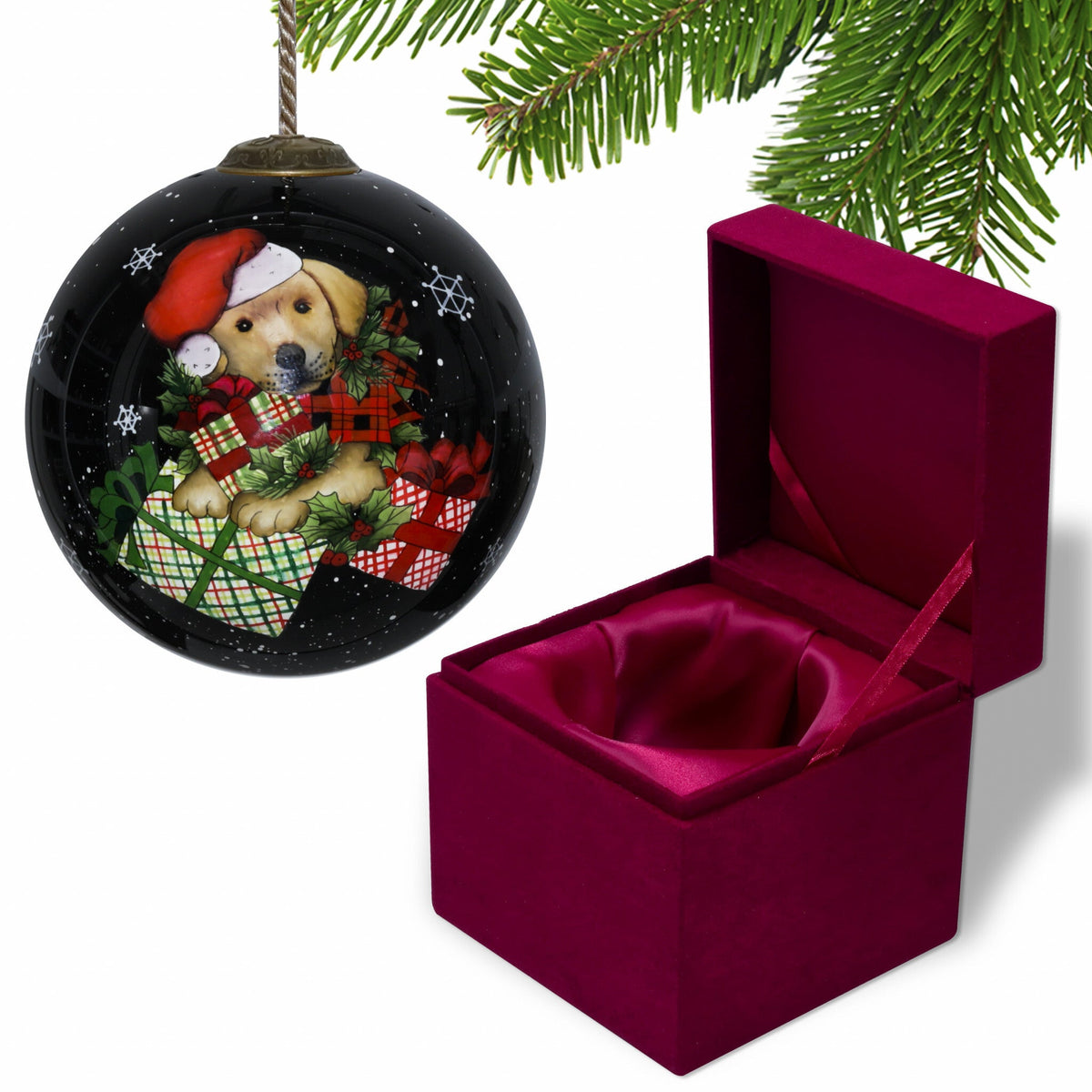 Christmas Puppy with Presents Hand Painted Mouth Blown Glass Ornament W2B
