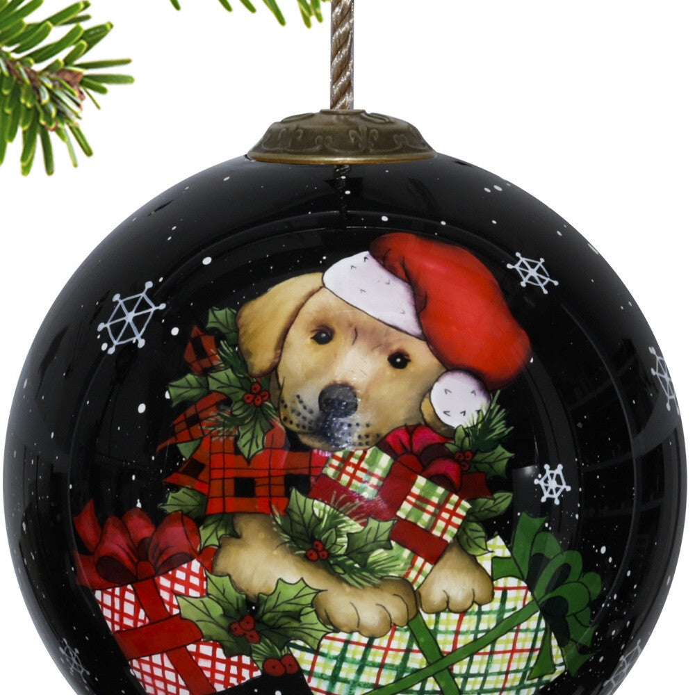 Christmas Puppy with Presents Hand Painted Mouth Blown Glass Ornament W2B