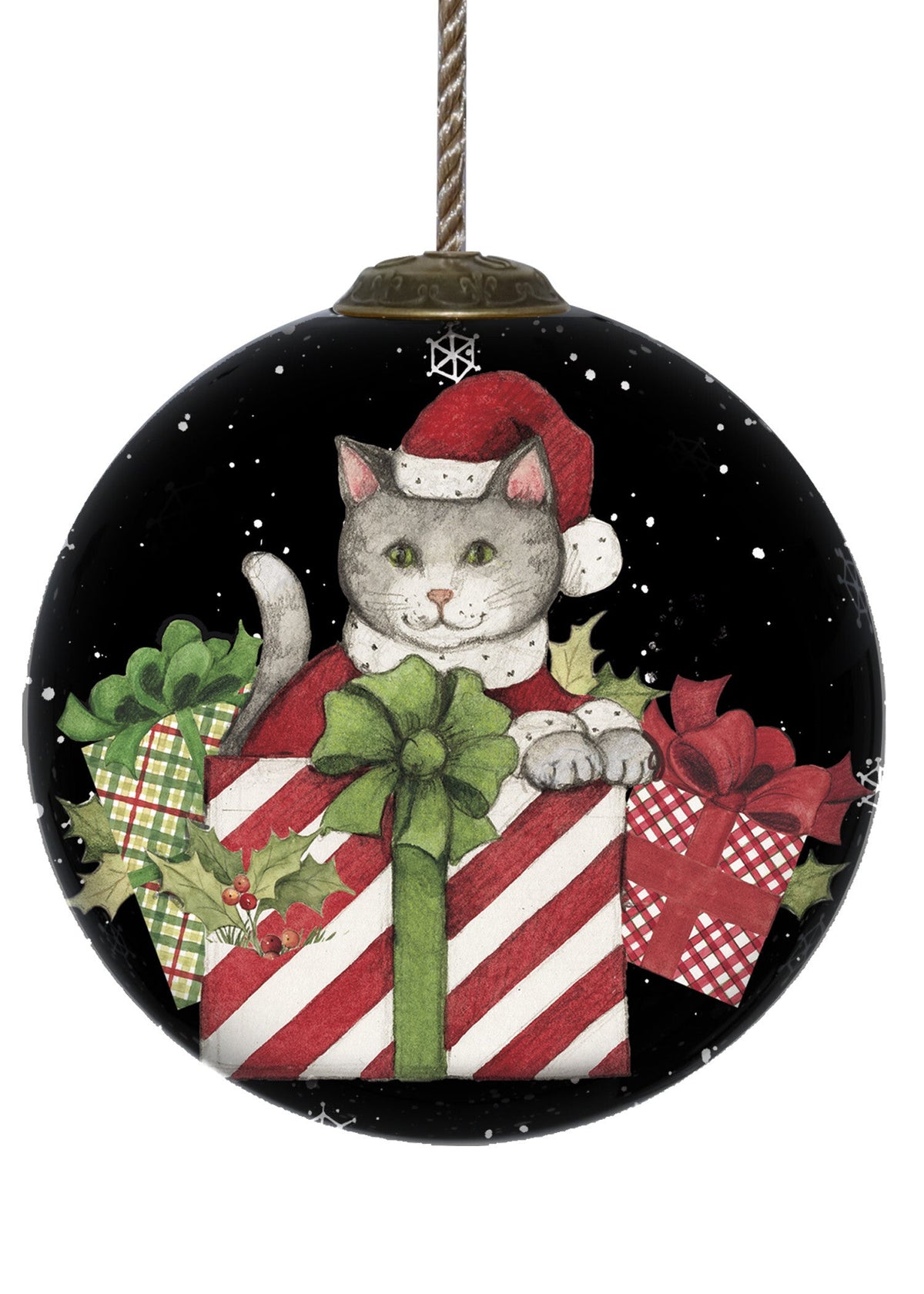 Christmas Cat with Presents Hand Painted Mouth Blown Glass Ornament W2B