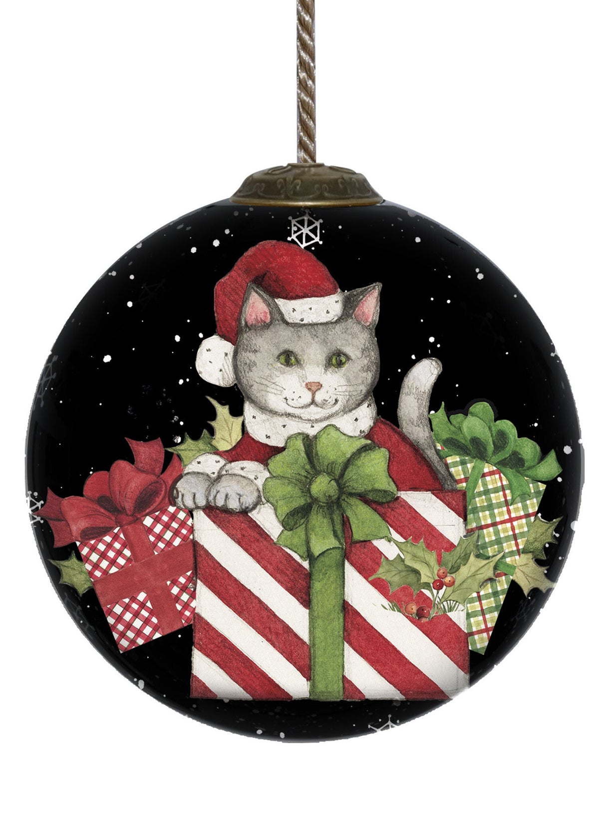 Christmas Cat with Presents Hand Painted Mouth Blown Glass Ornament W2B