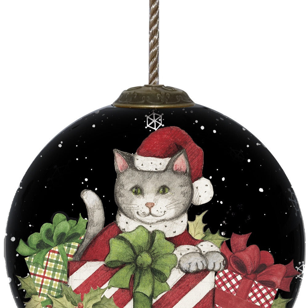 Christmas Cat with Presents Hand Painted Mouth Blown Glass Ornament W2B