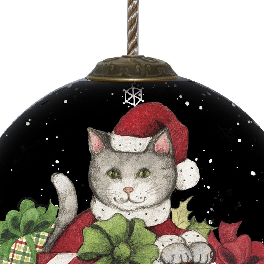 Christmas Cat with Presents Hand Painted Mouth Blown Glass Ornament W2B