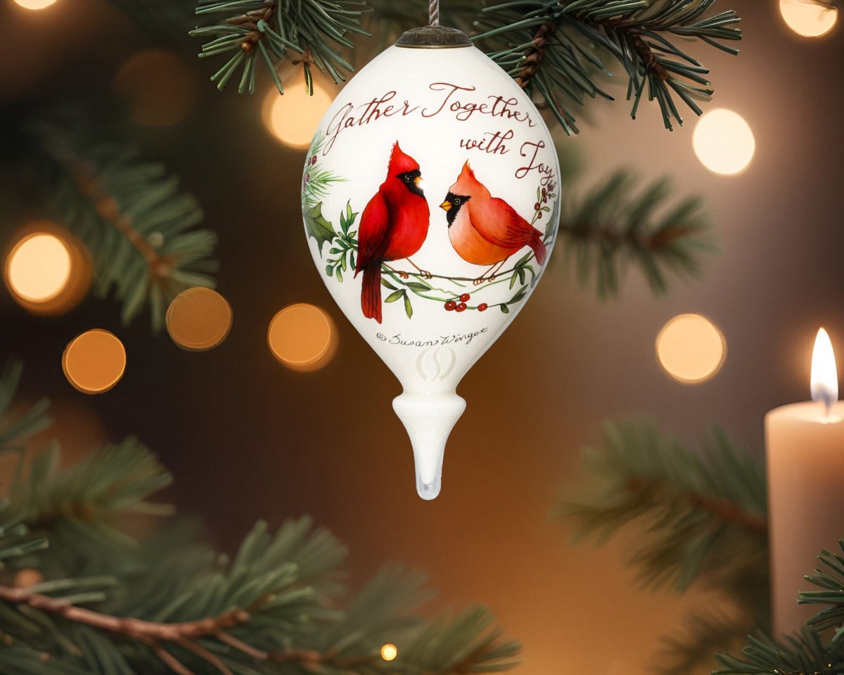 Gather Together With Joy Cardinals Hand Painted Mouth Blown Glass Ornament W2B