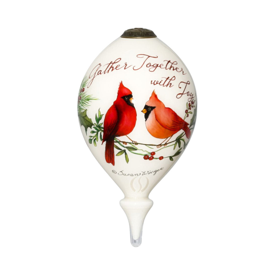 Gather Together With Joy Cardinals Hand Painted Mouth Blown Glass Ornament W2B