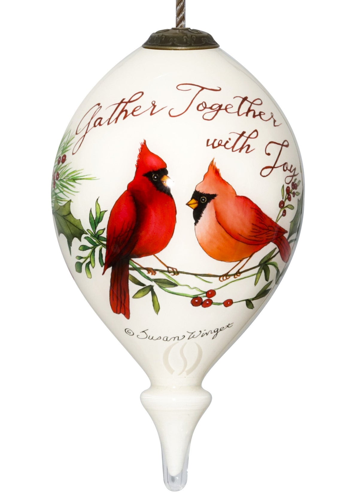 Gather Together With Joy Cardinals Hand Painted Mouth Blown Glass Ornament W2B