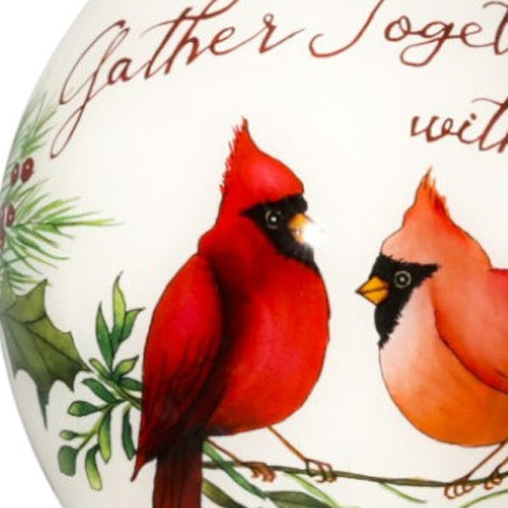 Gather Together With Joy Cardinals Hand Painted Mouth Blown Glass Ornament W2B