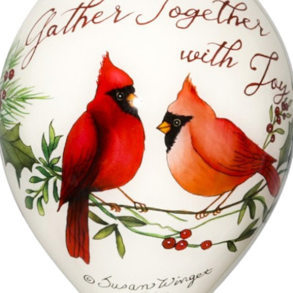 Gather Together With Joy Cardinals Hand Painted Mouth Blown Glass Ornament W2B