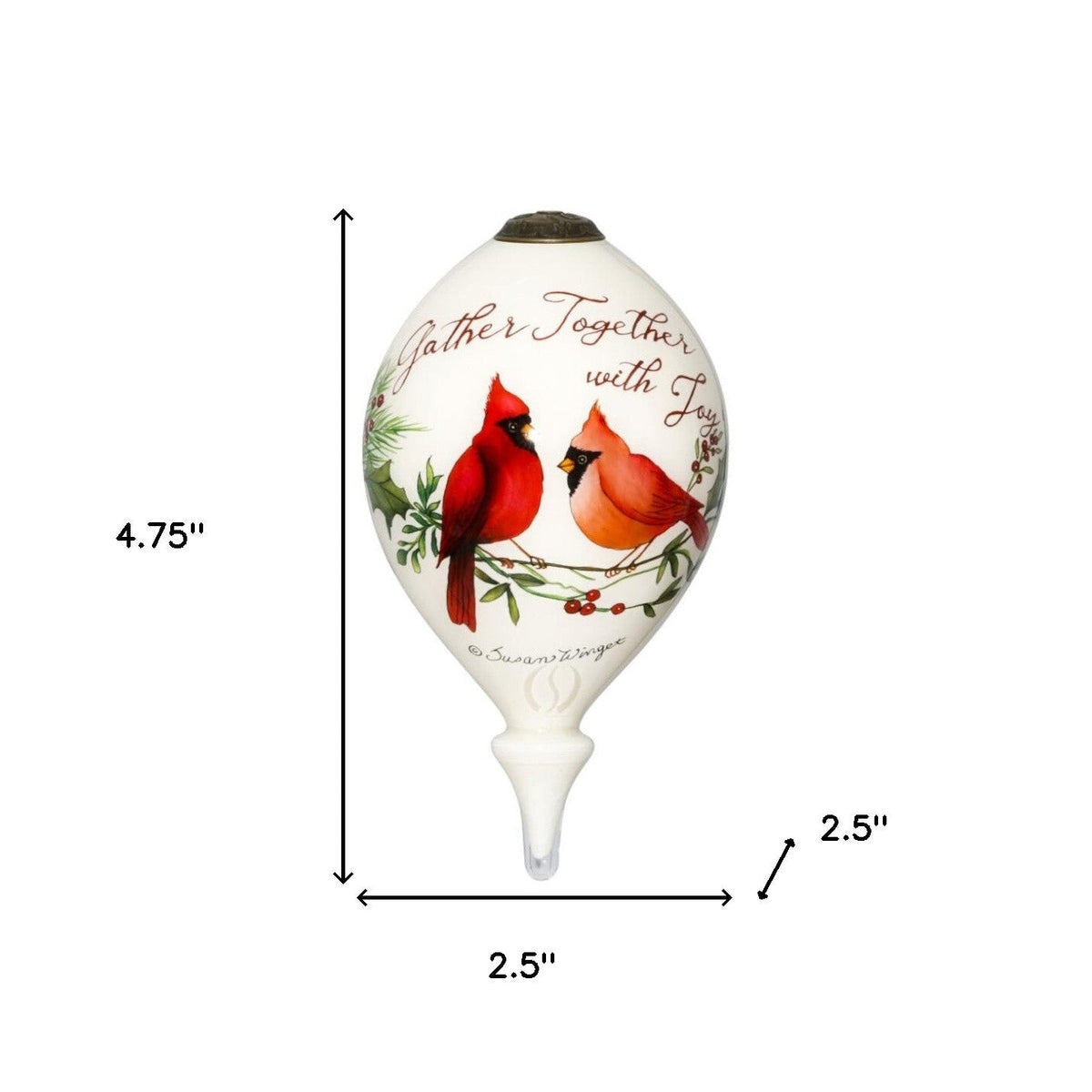 Gather Together With Joy Cardinals Hand Painted Mouth Blown Glass Ornament W2B