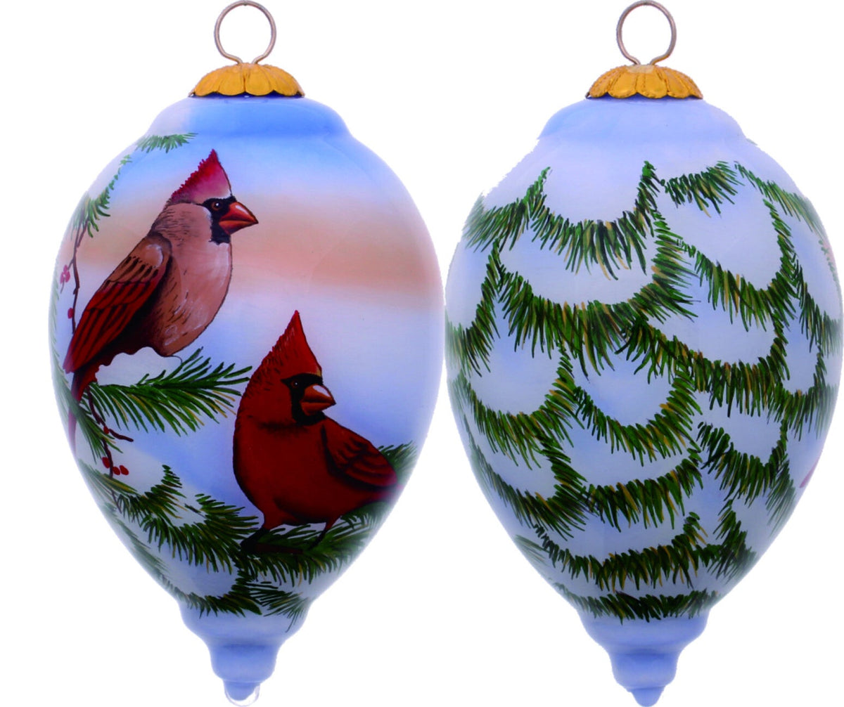 Perched Winter Cardinal Hand Painted Mouth Blown Glass Ornament W2B