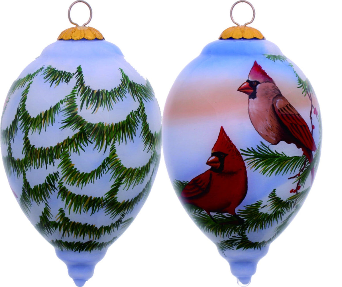 Perched Winter Cardinal Hand Painted Mouth Blown Glass Ornament W2B