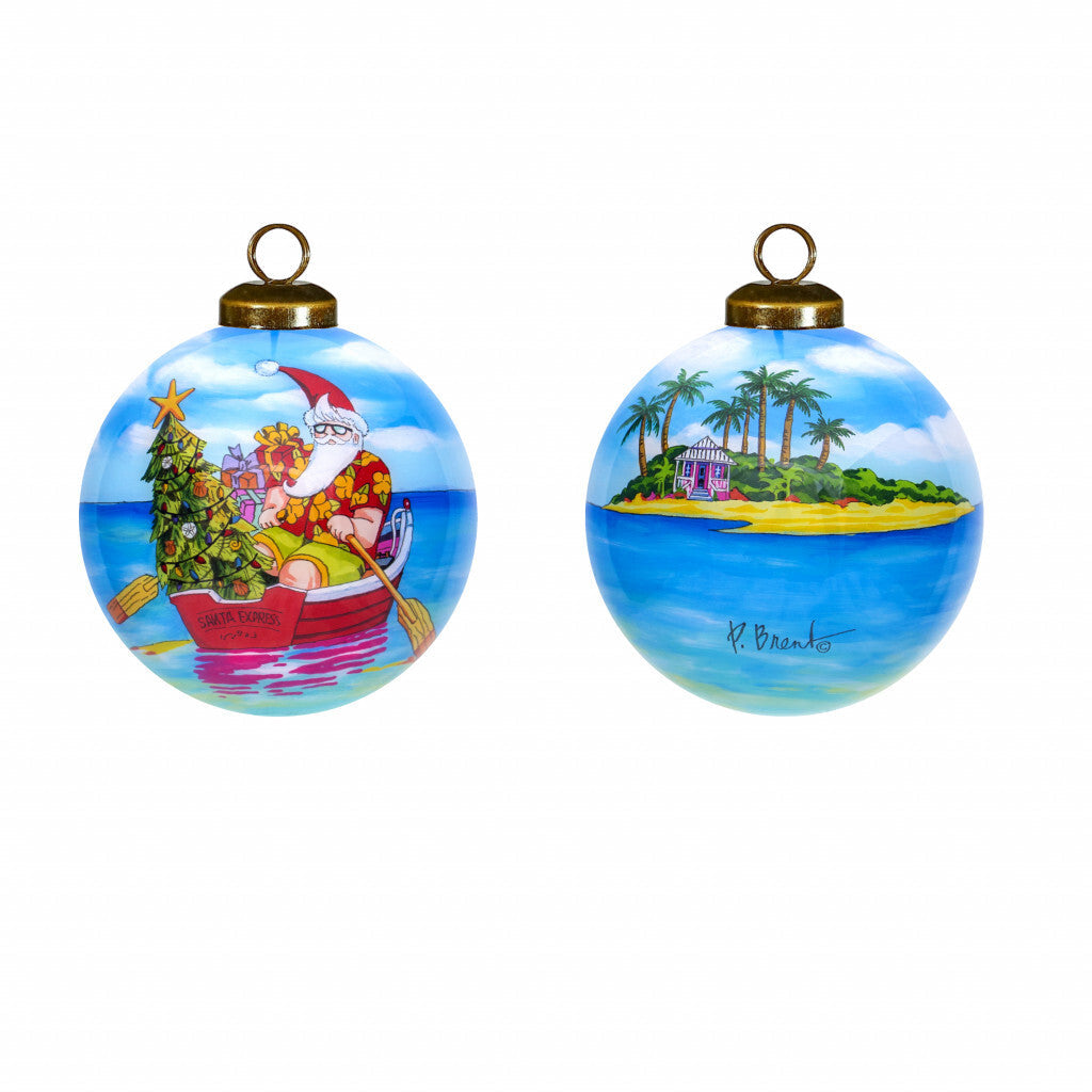 Rowing Santa Express Hand Painted Mouth Blown Glass Ornament W2B