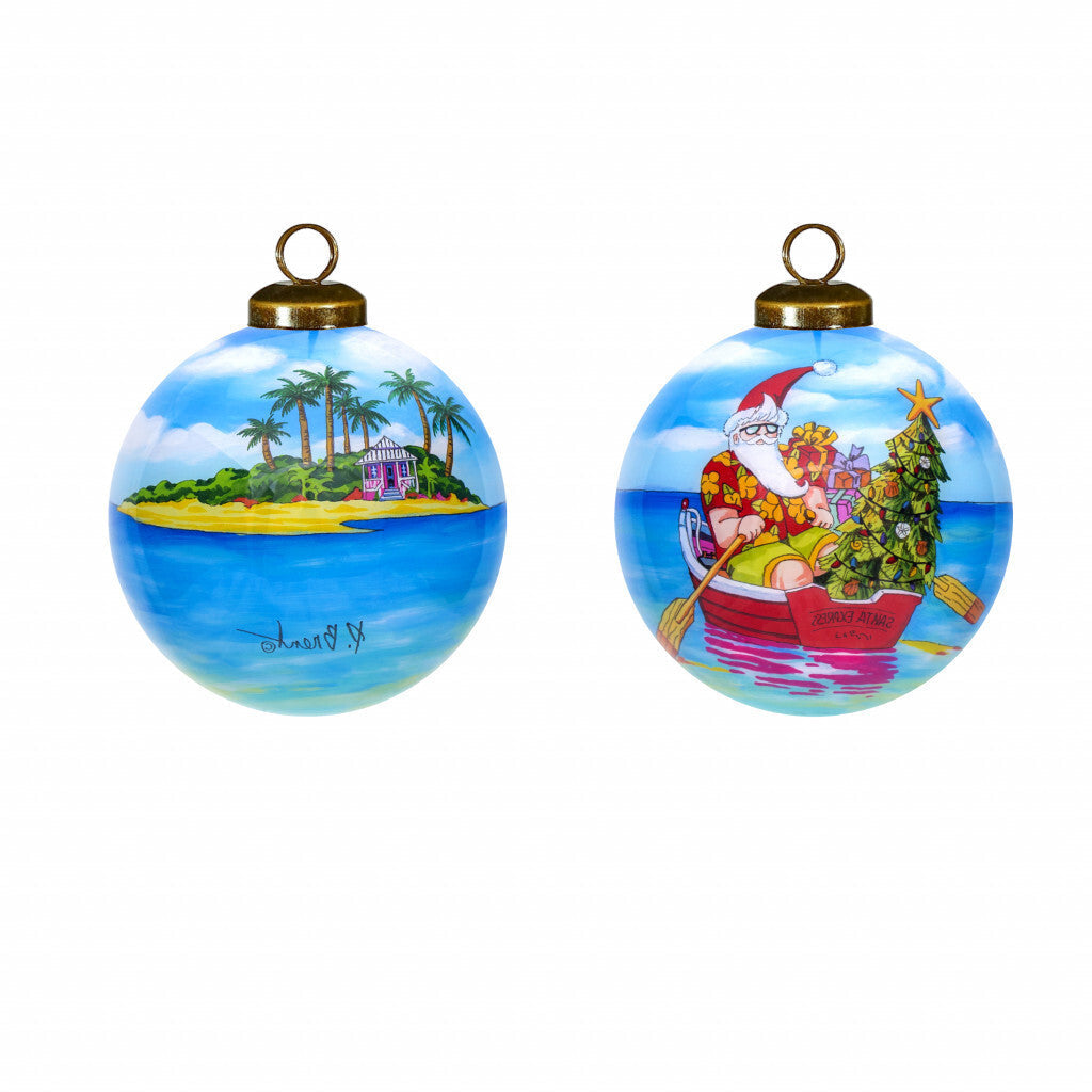 Rowing Santa Express Hand Painted Mouth Blown Glass Ornament W2B