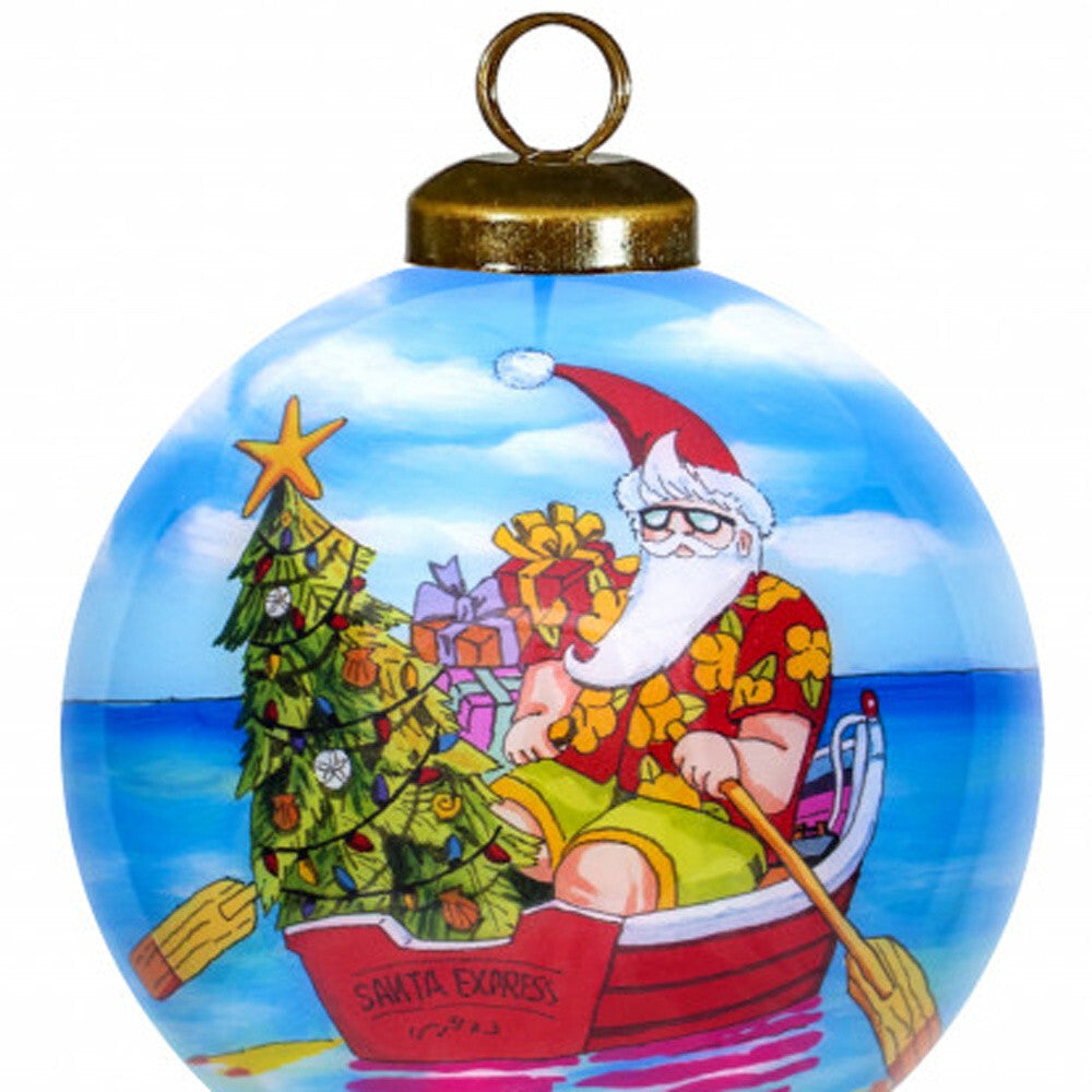 Rowing Santa Express Hand Painted Mouth Blown Glass Ornament W2B