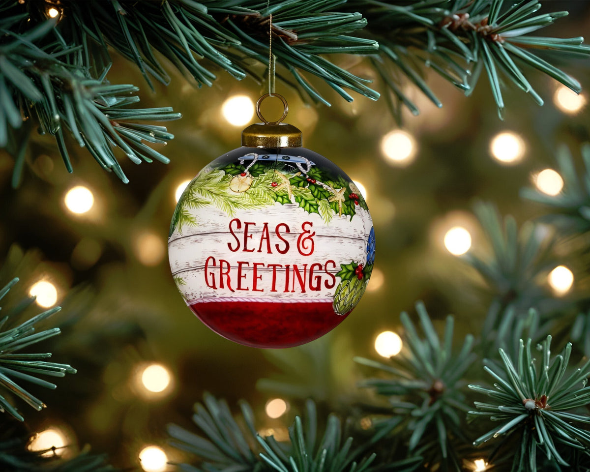 Holly Seas And Greetings Hand Painted Mouth Blown Glass Ornament W2B