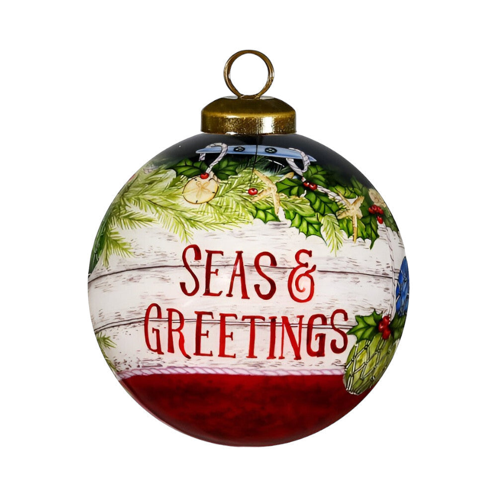 Holly Seas And Greetings Hand Painted Mouth Blown Glass Ornament W2B