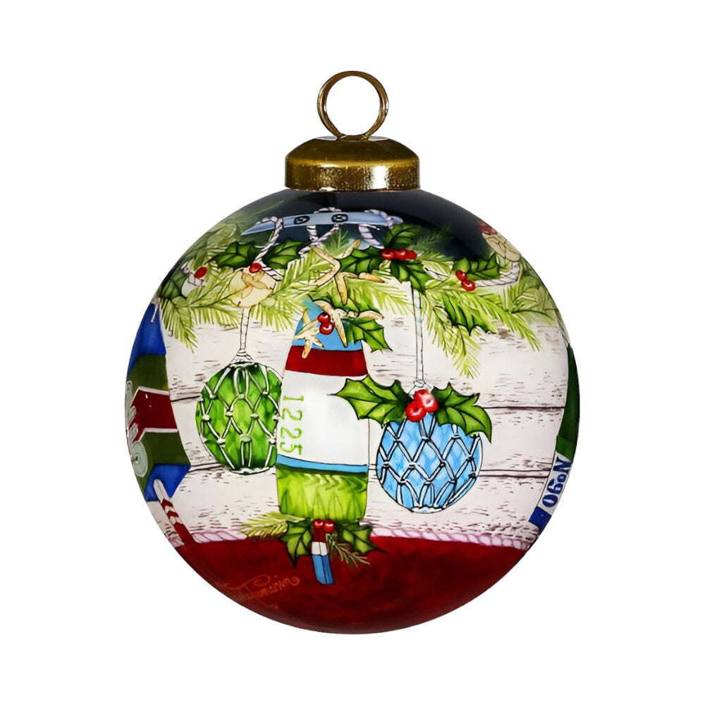 Holly Seas And Greetings Hand Painted Mouth Blown Glass Ornament W2B