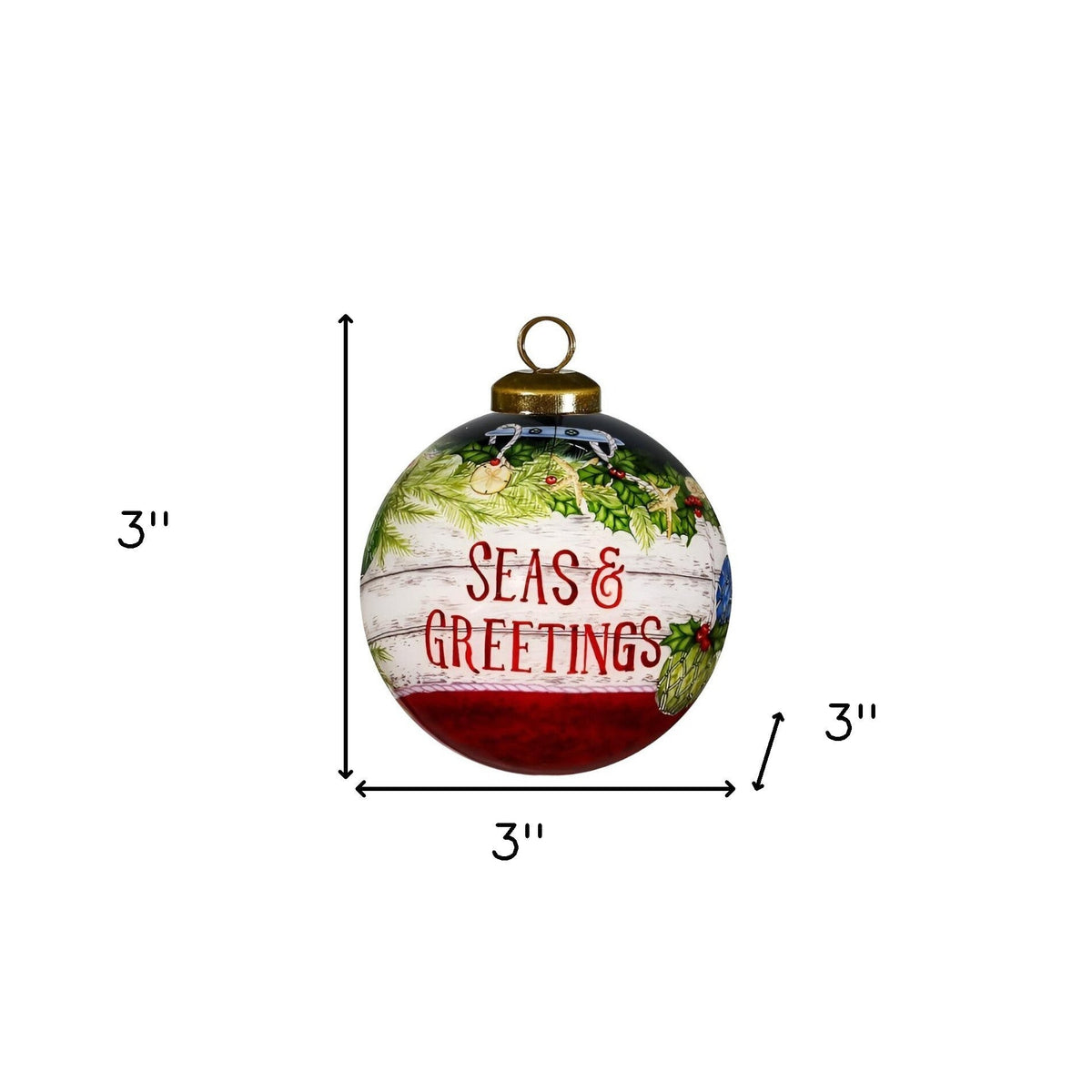 Holly Seas And Greetings Hand Painted Mouth Blown Glass Ornament W2B