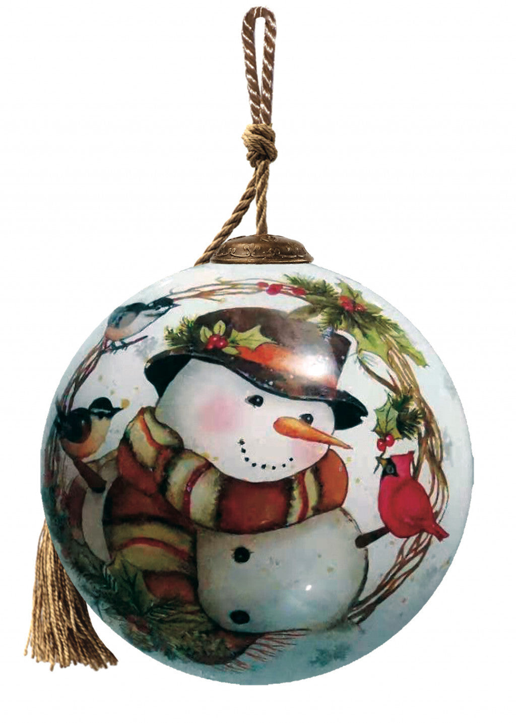 Winter Wreath Forest Snowman Hand Painted Mouth Blown Glass Ornament W2B