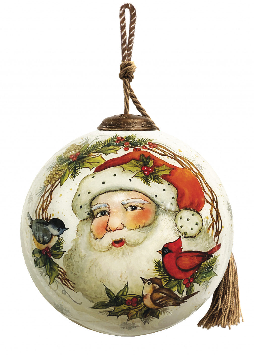 Winter Wreath Forest Santa Hand Painted Mouth Blown Glass Ornament W2B