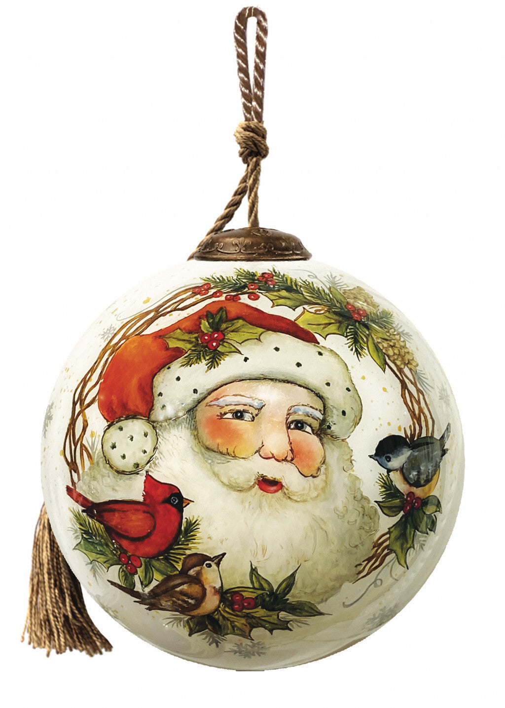 Winter Wreath Forest Santa Hand Painted Mouth Blown Glass Ornament W2B