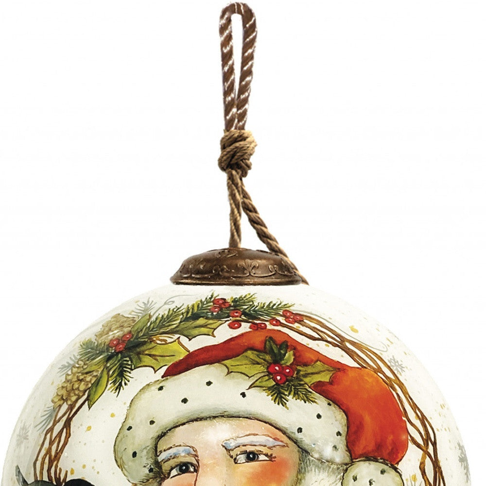 Winter Wreath Forest Santa Hand Painted Mouth Blown Glass Ornament W2B