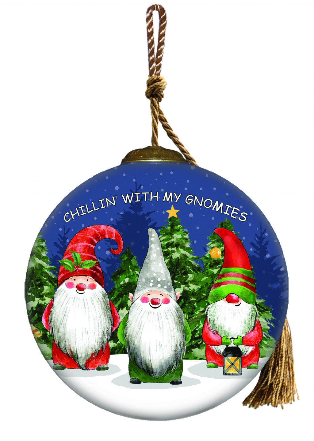 Casual Gnomes in Christmas Mode Hand Painted Mouth Blown Glass Ornament W2B