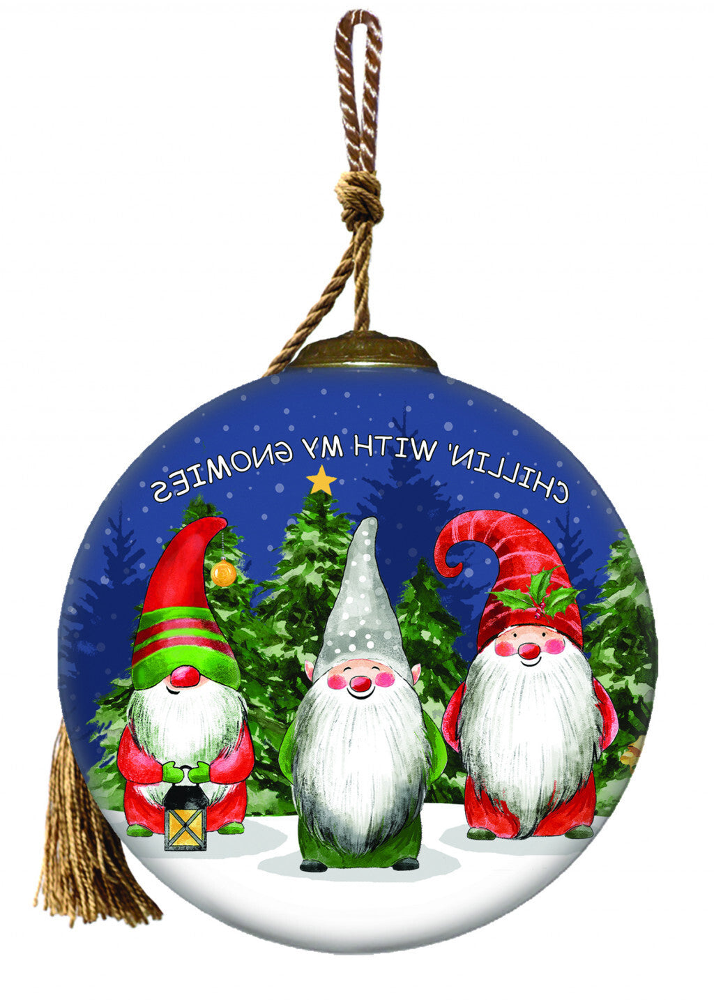 Casual Gnomes in Christmas Mode Hand Painted Mouth Blown Glass Ornament W2B