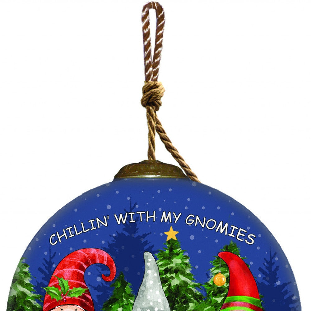 Casual Gnomes in Christmas Mode Hand Painted Mouth Blown Glass Ornament W2B