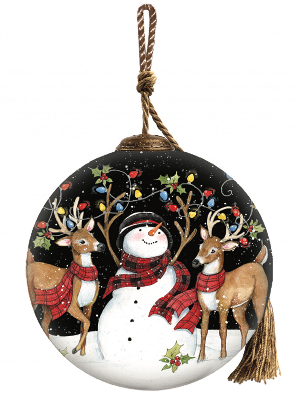 Snowman and Reindeer in Holiday Lights Hand Painted Mouth Blown Glass Ornament W2B