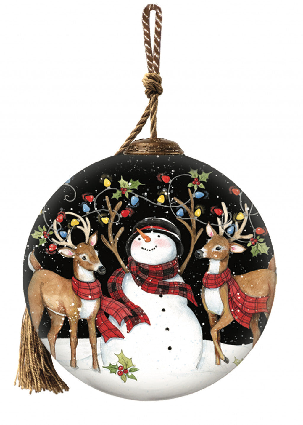 Snowman and Reindeer in Holiday Lights Hand Painted Mouth Blown Glass Ornament W2B