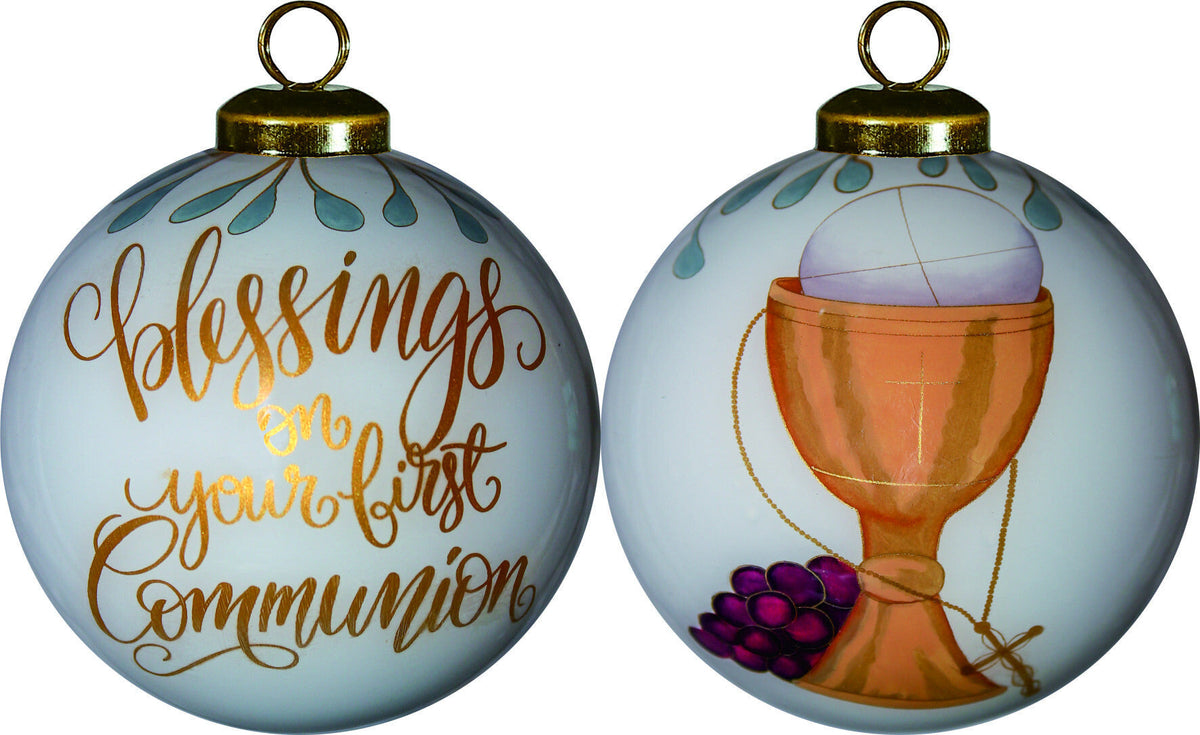 Gold First Communion Hand Painted Mouth Blown Glass Ornament W2B