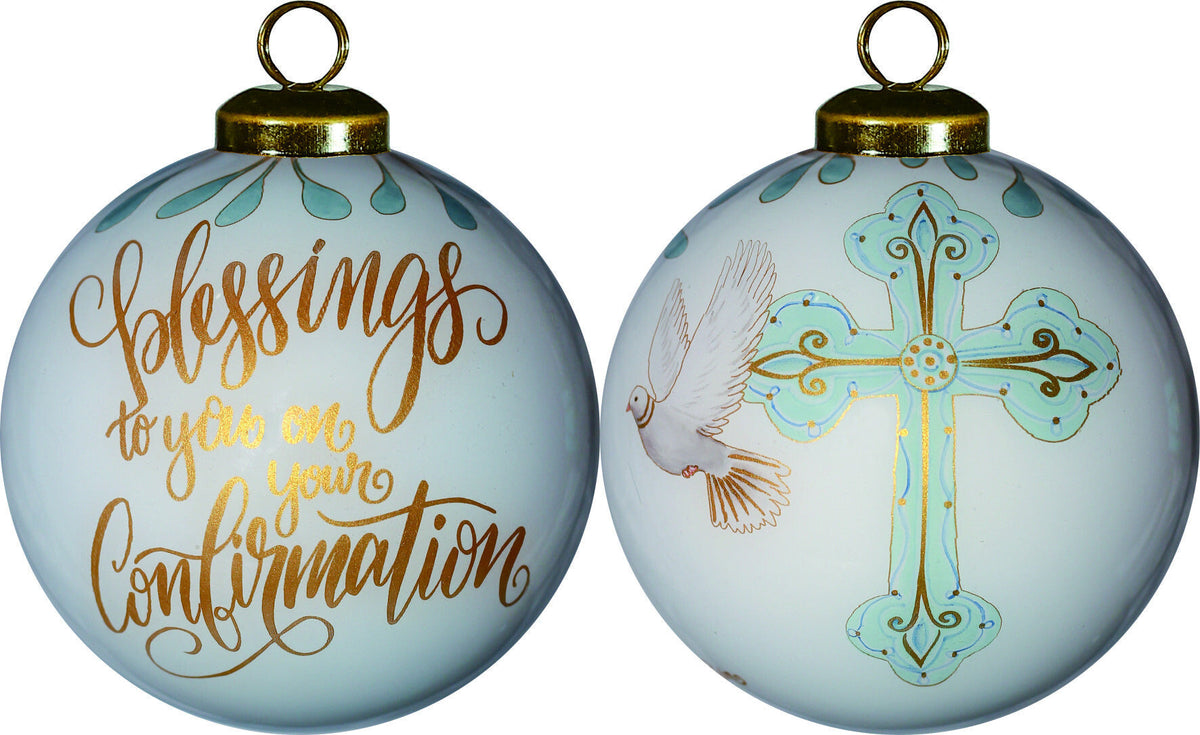 Gold Confirmation Hand Painted Mouth Blown Glass Ornament W2B