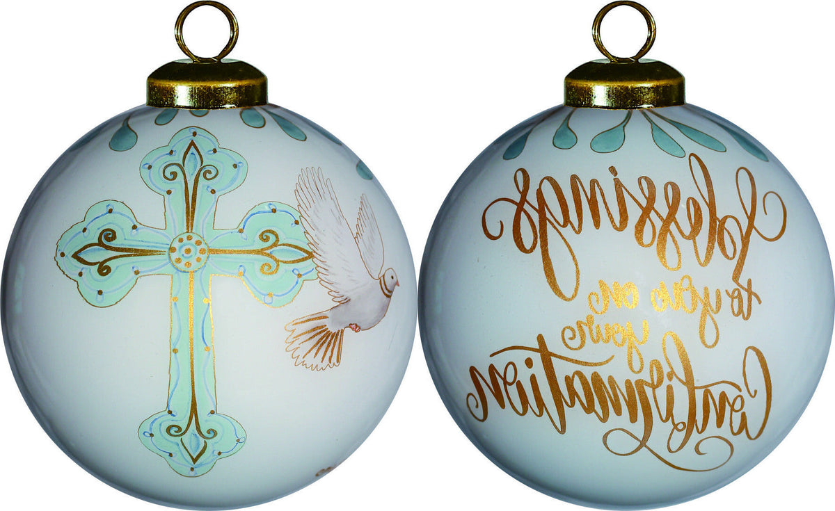 Gold Confirmation Hand Painted Mouth Blown Glass Ornament W2B