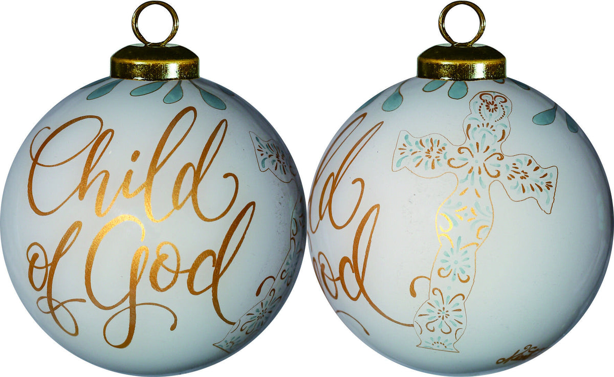 White and Gold Child of God Hand Painted Mouth Blown Glass Ornament W2B