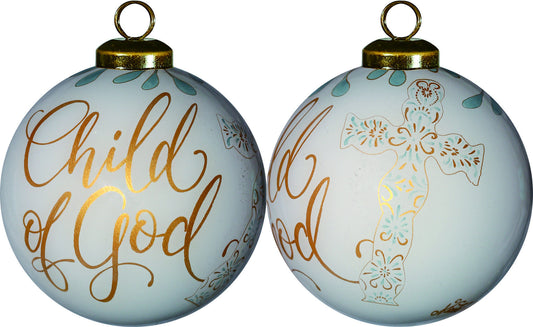 White and Gold Child of God Hand Painted Mouth Blown Glass Ornament W2B