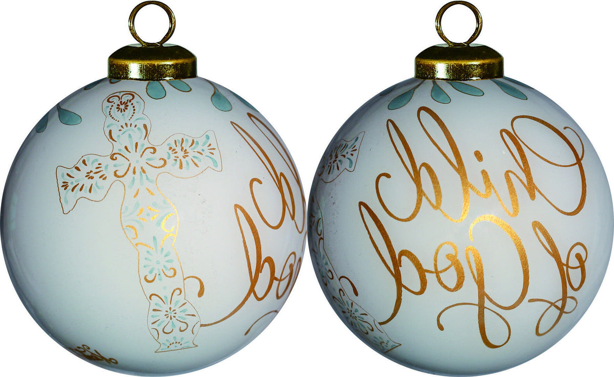 White and Gold Child of God Hand Painted Mouth Blown Glass Ornament W2B