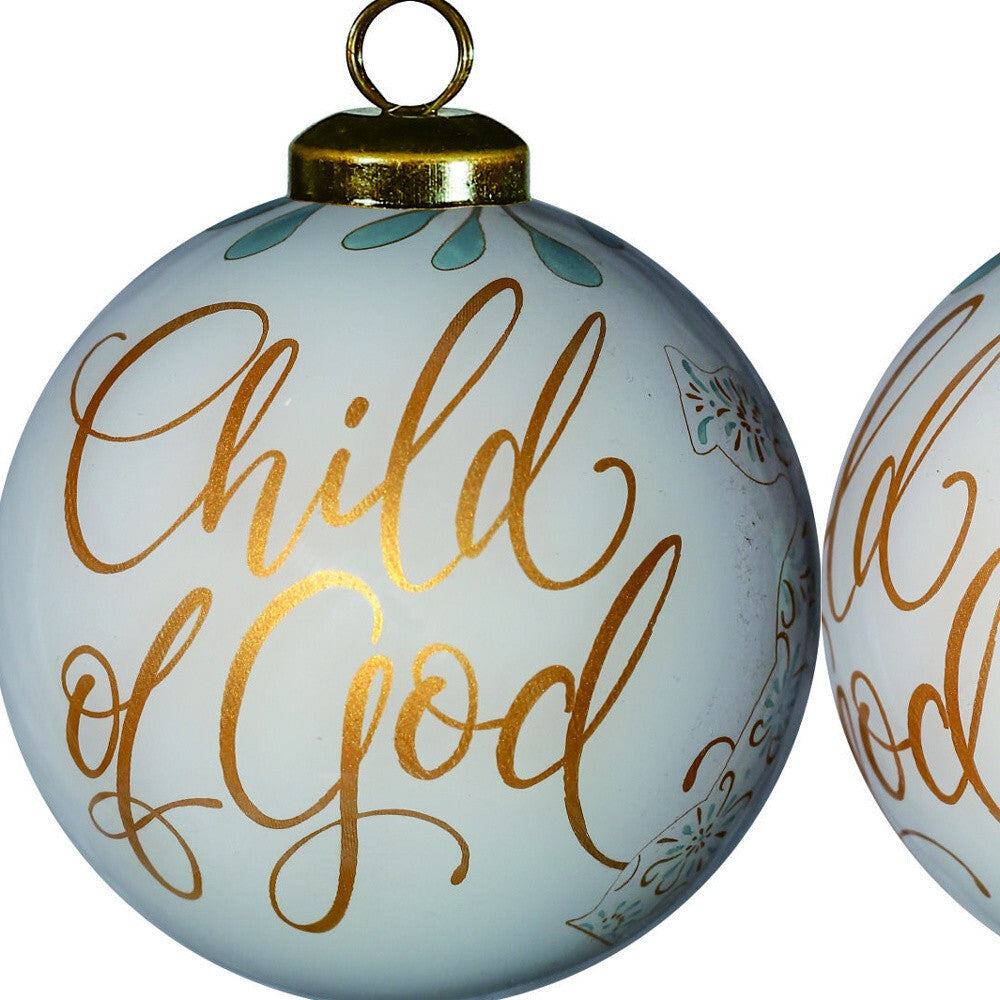White and Gold Child of God Hand Painted Mouth Blown Glass Ornament W2B