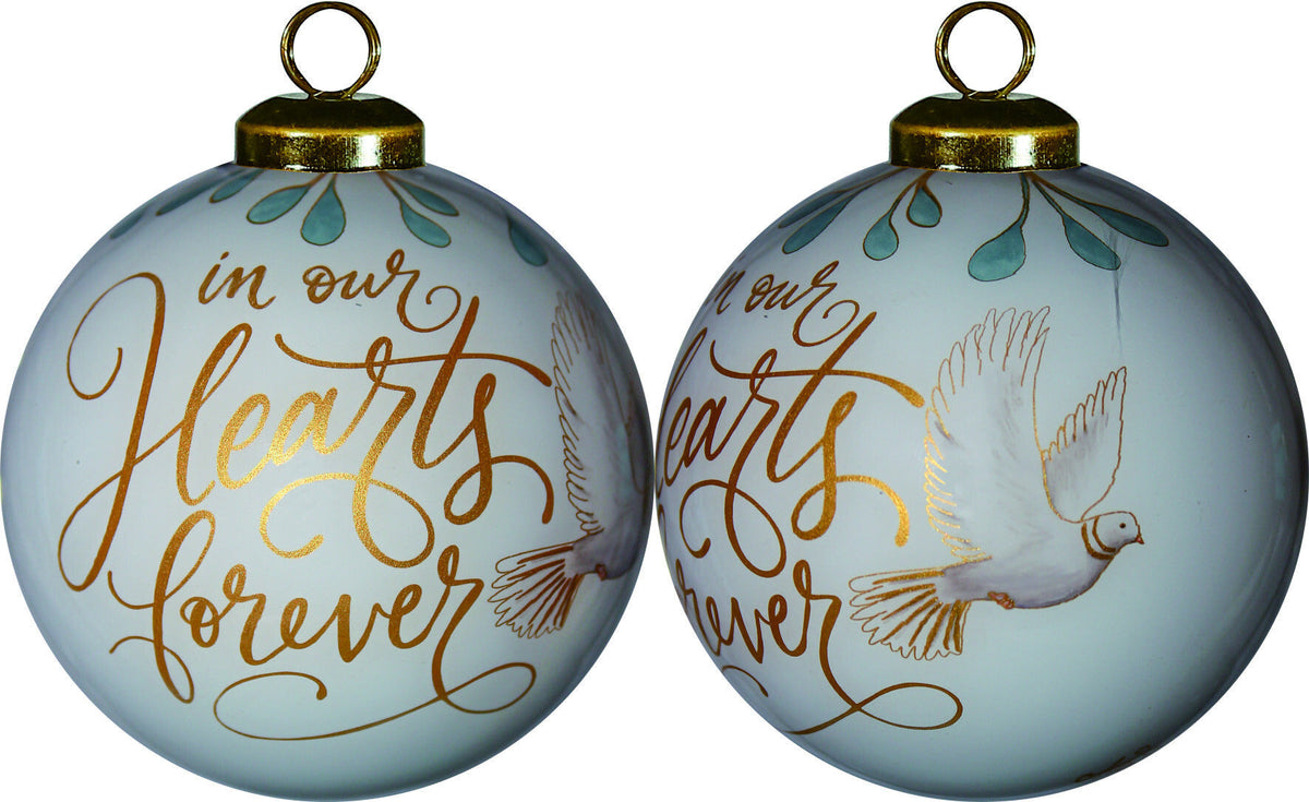 White and Gold In Our Hearts Forever Hand Painted Mouth Blown Glass Ornament W2B