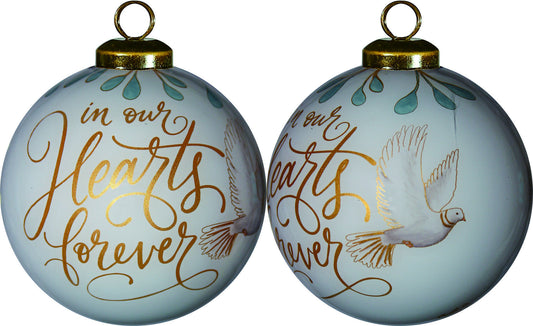 White and Gold In Our Hearts Forever Hand Painted Mouth Blown Glass Ornament W2B