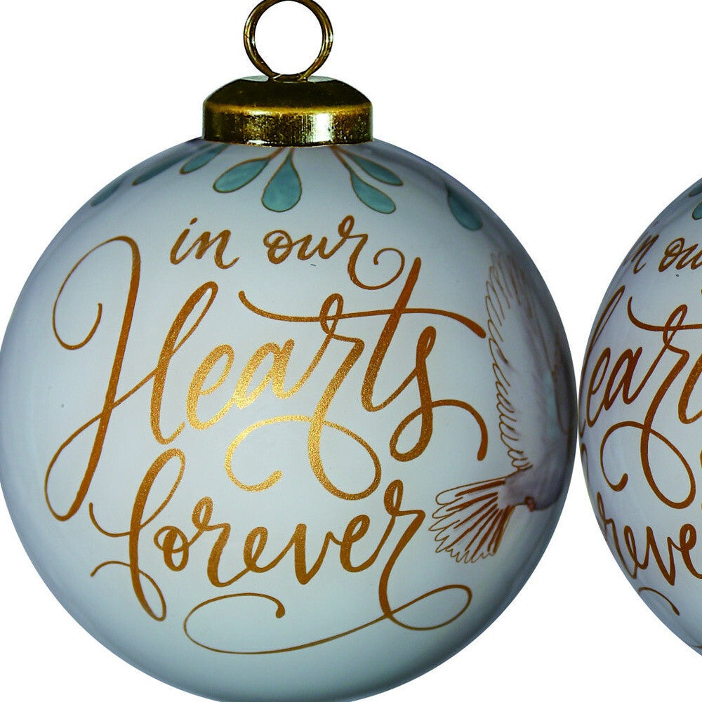 White and Gold In Our Hearts Forever Hand Painted Mouth Blown Glass Ornament W2B