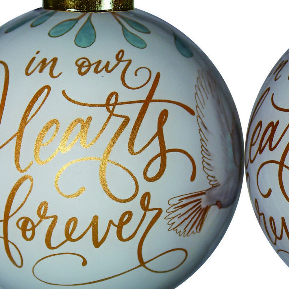 White and Gold In Our Hearts Forever Hand Painted Mouth Blown Glass Ornament W2B